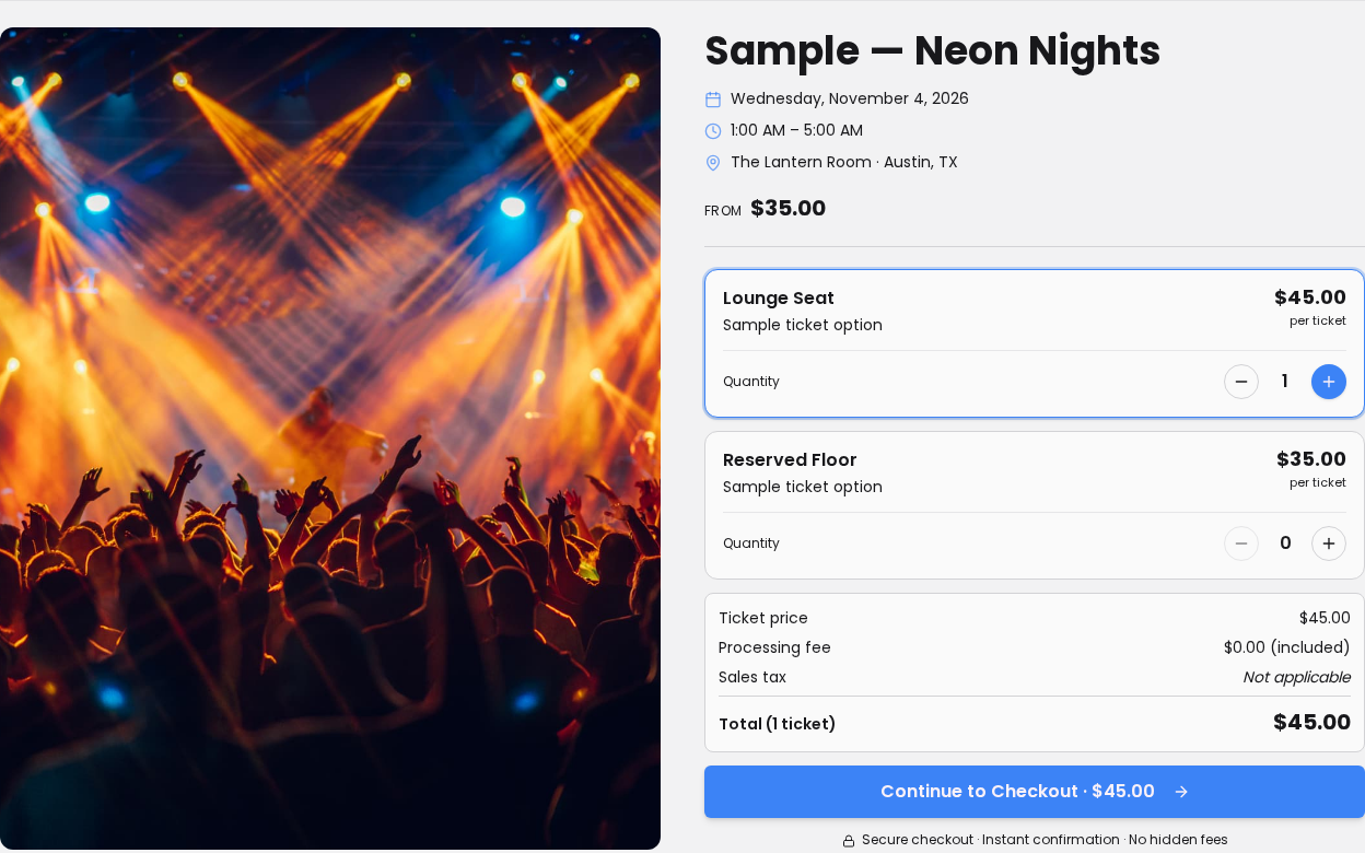 VenueVault branded public event page showing ticket types and the checkout button