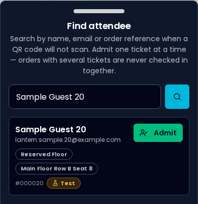 VenueVault mobile guest lookup showing a sample guest and their assigned seat